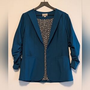 Skies Are Blue Teal Ruched Sleeve Open Blazer Large Fall Layering Casual Dressy